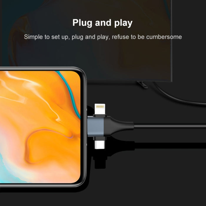 P8J Aluminio 3 en 1 Cable de 8 pines + Micro USB + USB-C / Tipo-C a HDTV, Longitud del cable: 2 m