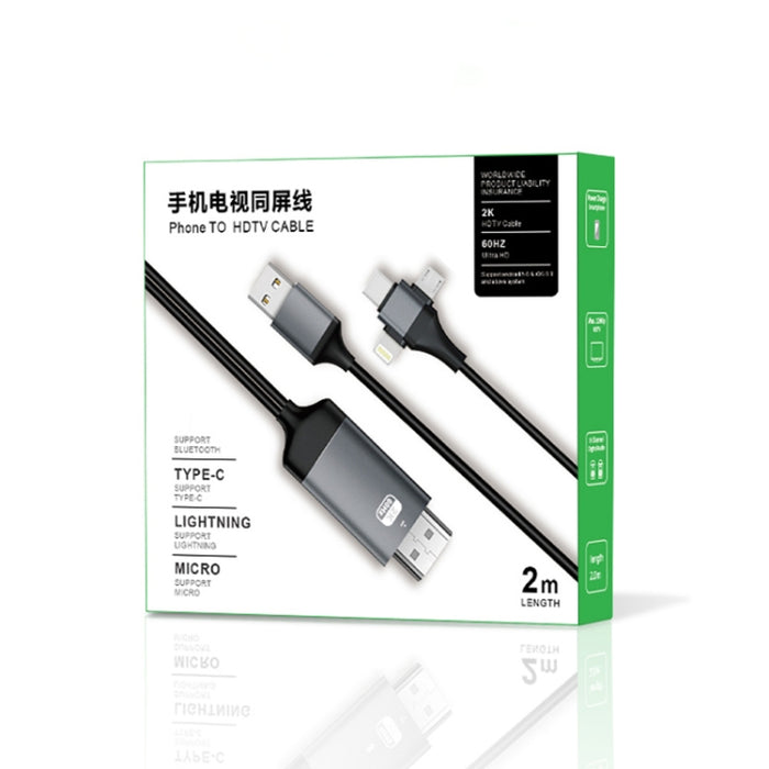 P8J Aluminio 3 en 1 Cable de 8 pines + Micro USB + USB-C / Tipo-C a HDTV, Longitud del cable: 2 m