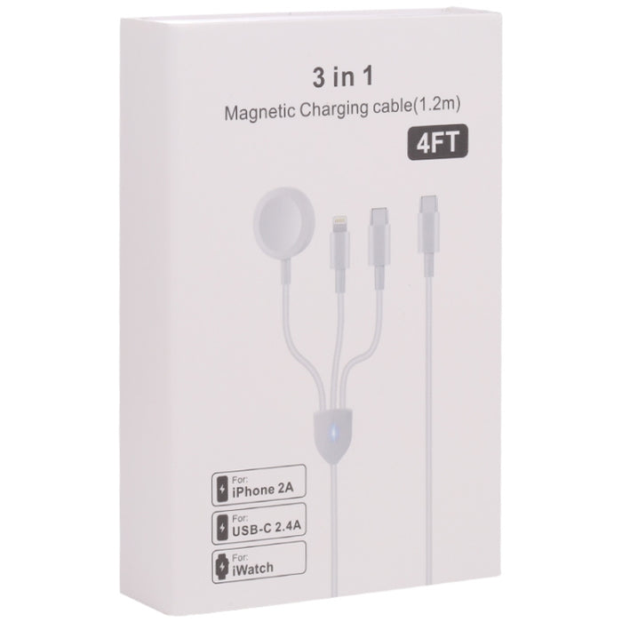 3 en 1 USB-C / Type-C a 8 pines + USB-C / Type-C + Cable de datos con cargador inalámbrico para reloj magnético, Longitud del cable: 1,2 m