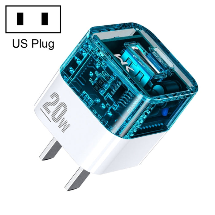 WK WP-U149 Cargador transparente de puerto dual USB + USB-C / Type-C de 20 W, especificaciones: enchufe de EE. UU.