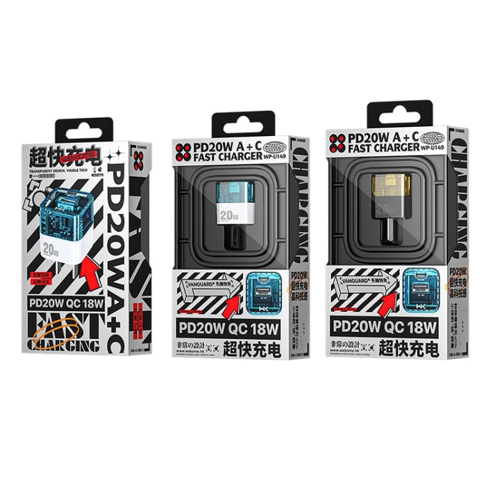 WK WP-U149 Cargador transparente de puerto dual USB + USB-C / Type-C de 20 W, especificaciones: enchufe de EE. UU.