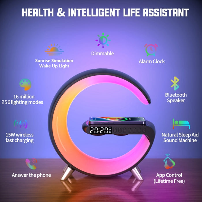 Altavoz Bluetooth inteligente N69 compatible con cargador inalámbrico, despertador y luz ambiental, enchufe de EE. UU.
