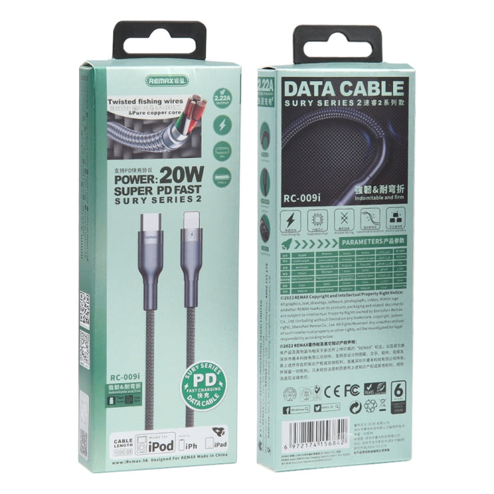 REMAX RC-009i 1m 2.22A USB-C / Type-C a 8 pines 20W PD Cable de datos de carga rápida