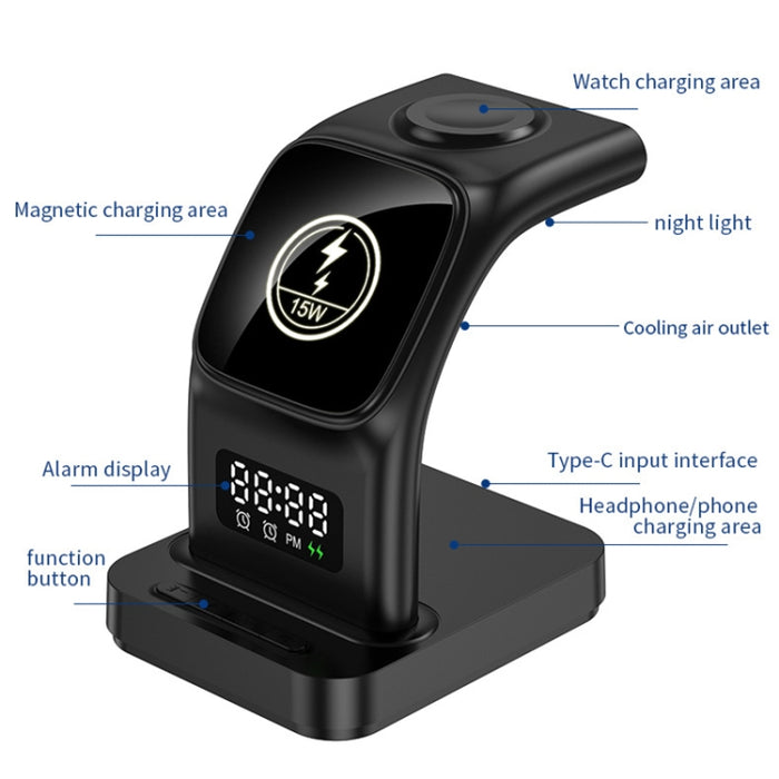 YP-HY05 15W 5 en 1 Cargador inalámbrico multifuncional magnético con reloj