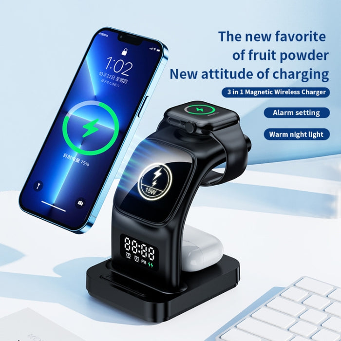 YP-HY05 15W 5 en 1 Cargador inalámbrico multifuncional magnético con reloj