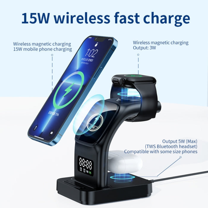 YP-HY05 15W 5 en 1 Cargador inalámbrico multifuncional magnético con reloj