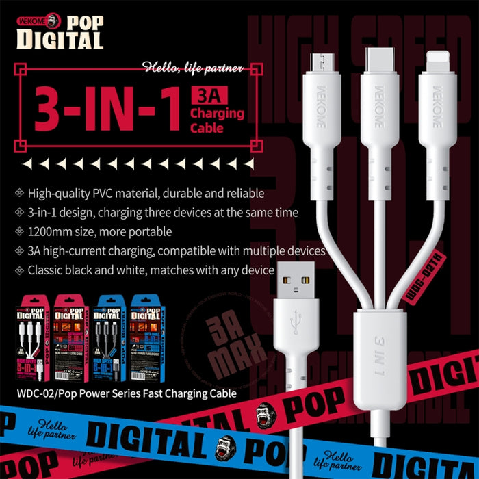 WEKOME WDC-02 Tidal Energy Series 3A USB a 8 pines + Tipo-C + Micro USB 3 en 1 Cable de datos de PVC, Longitud: 1,2 m