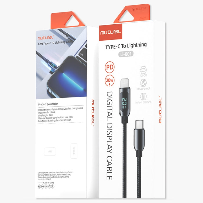 Mutural Li-CC001 1.2m PD20W Pantalla digital USB-C / Tipo-C a cable de datos de carga de 8 pines