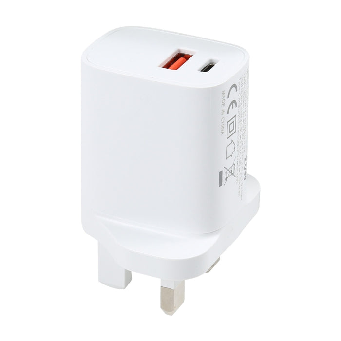 E087 Cargador de viaje de carga rápida con puertos USB-C / Type-C + USB de 20 W, enchufe para Reino Unido