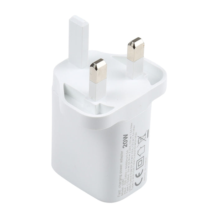 E087 Cargador de viaje de carga rápida con puertos USB-C / Type-C + USB de 20 W, enchufe para Reino Unido
