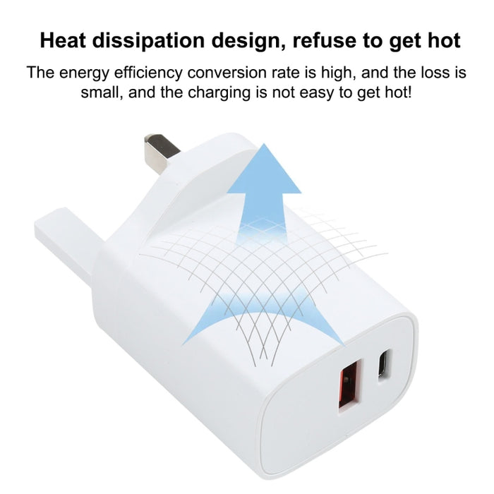 E087 Cargador de viaje de carga rápida con puertos USB-C / Type-C + USB de 20 W, enchufe para Reino Unido