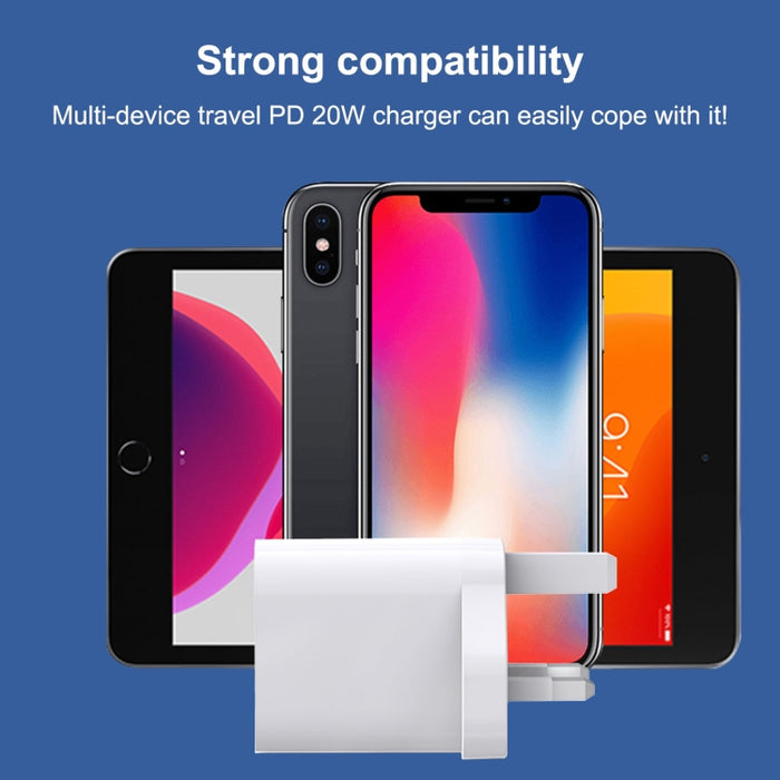 E087 Cargador de viaje de carga rápida con puertos USB-C / Type-C + USB de 20 W, enchufe para Reino Unido