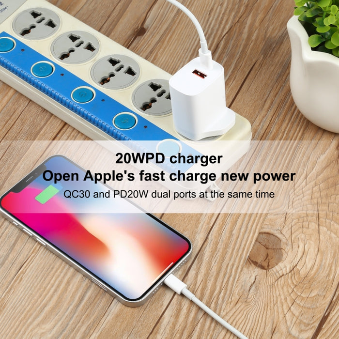 E087 Cargador de viaje de carga rápida con puertos USB-C / Type-C + USB de 20 W, enchufe para Reino Unido