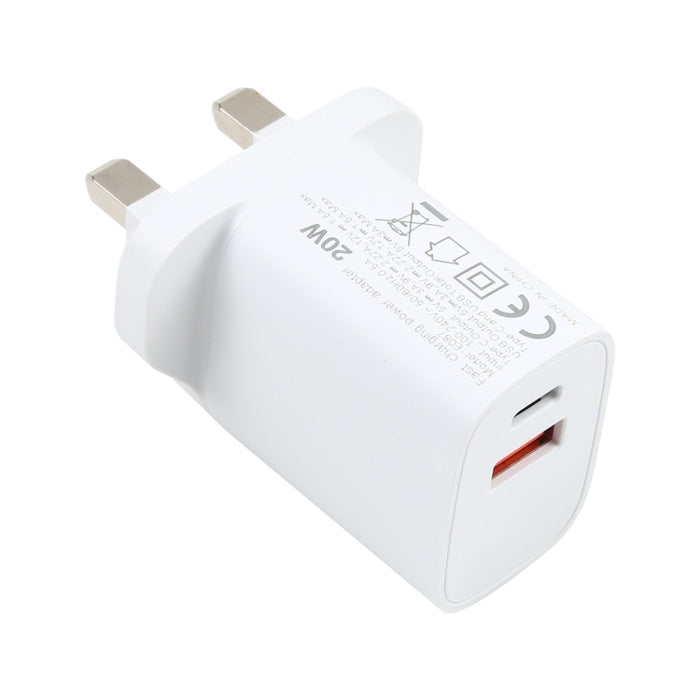 E087 Cargador de viaje de carga rápida con puertos USB-C / Type-C + USB de 20 W, enchufe para Reino Unido