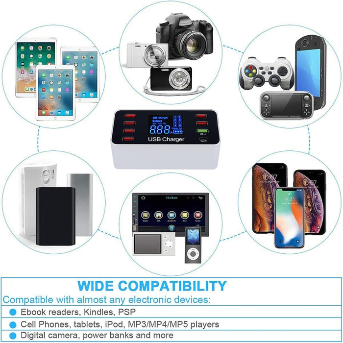 A9 Plus (Versión global) Multifunción AC 100V ~ 240V 8 puertos USB Pantalla digital LCD Estación de carga desmontable Cargador inteligente con cargador inalámbrico, soporte QC3.0