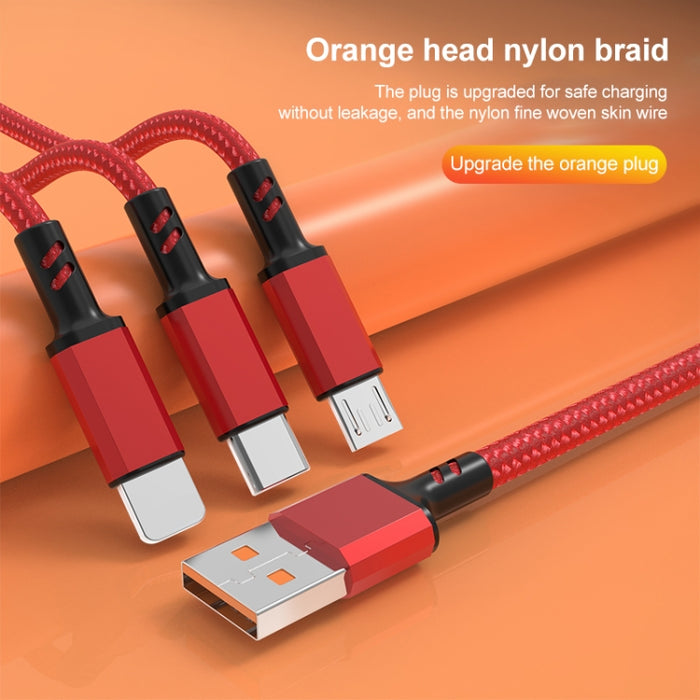 Conector naranja 3A 3 en 1 USB a tipo C / 8 pines / cable de carga rápida micro USB, longitud del cable: 1,2 m