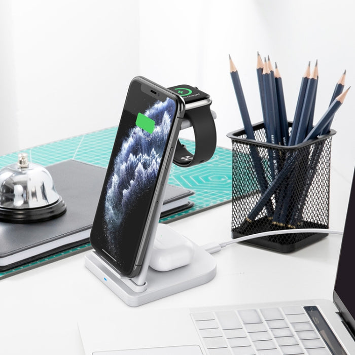 Cargador inalámbrico multifunción vertical 3 en 1 QC 3.0 de 10 W con función de soporte, adecuado para teléfonos móviles/Apple Watch/AirPods