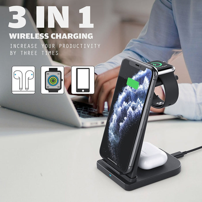 Cargador inalámbrico multifunción vertical 3 en 1 QC 3.0 de 10 W con función de soporte, adecuado para teléfonos móviles/Apple Watch/AirPods