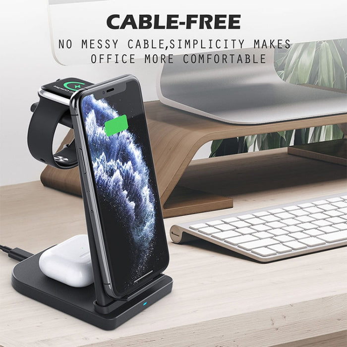 Cargador inalámbrico multifunción vertical 3 en 1 QC 3.0 de 10 W con función de soporte, adecuado para teléfonos móviles/Apple Watch/AirPods
