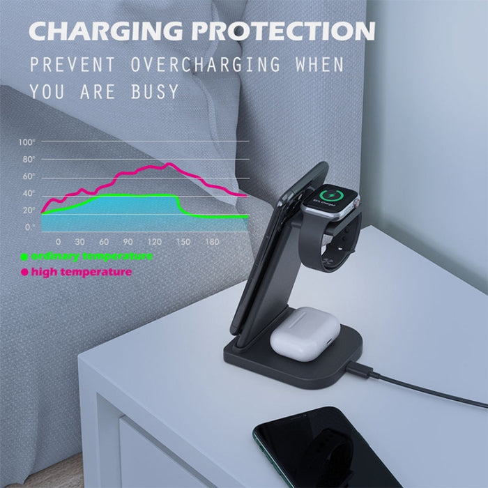 Cargador inalámbrico multifunción vertical 3 en 1 QC 3.0 de 10 W con función de soporte, adecuado para teléfonos móviles/Apple Watch/AirPods