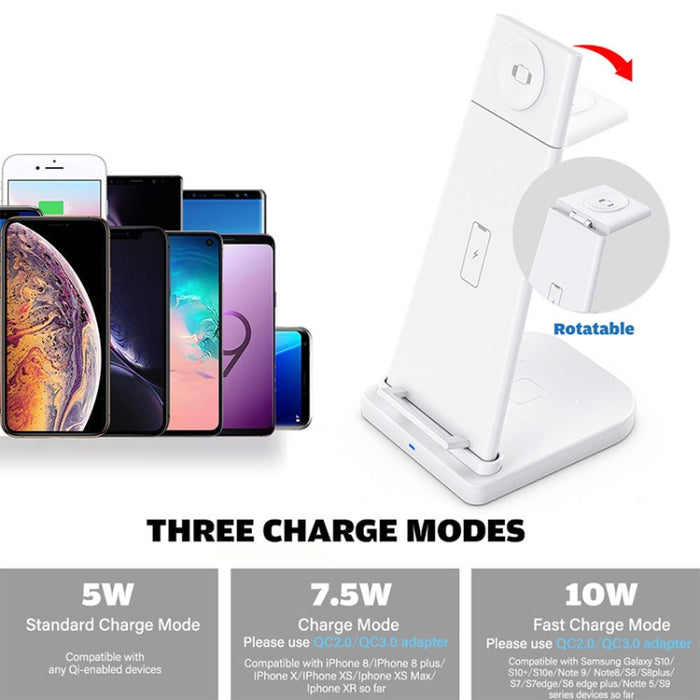Cargador inalámbrico multifunción vertical 3 en 1 QC 3.0 de 10 W con función de soporte, adecuado para teléfonos móviles/Apple Watch/AirPods