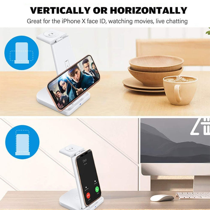 Cargador inalámbrico multifunción vertical 3 en 1 QC 3.0 de 10 W con función de soporte, adecuado para teléfonos móviles/Apple Watch/AirPods