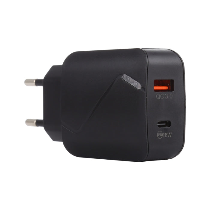 LZ-819A+C QC3.0 USB + PD 18W USB-C / Type-C Interfaces Cargador de viaje con luz indicadora, enchufe de la UE