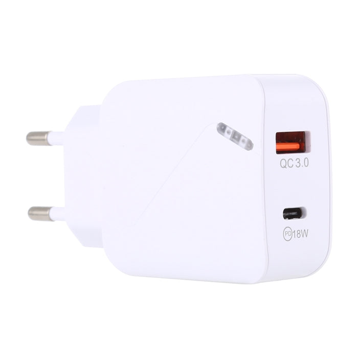LZ-819A+C QC3.0 USB + PD 18W USB-C / Type-C Interfaces Cargador de viaje con luz indicadora, enchufe de la UE