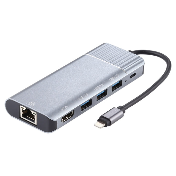 6 en 1 USB 2.0 x 3 + HDMI + RJ45 + puerto de carga hembra de 8 pines a adaptador de estación de acoplamiento multifunción macho de 8 pines