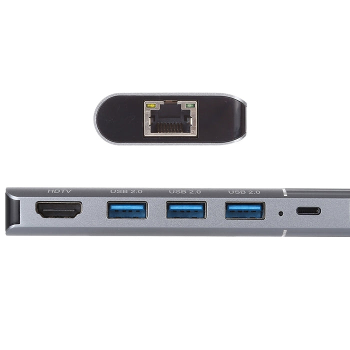 6 en 1 USB 2.0 x 3 + HDMI + RJ45 + puerto de carga hembra de 8 pines a adaptador de estación de acoplamiento multifunción macho de 8 pines