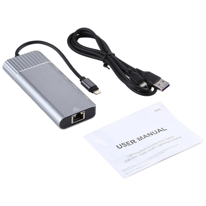 6 en 1 USB 2.0 x 3 + HDMI + RJ45 + puerto de carga hembra de 8 pines a adaptador de estación de acoplamiento multifunción macho de 8 pines