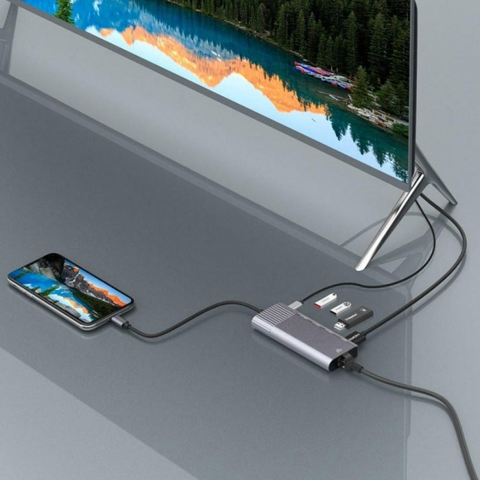 6 en 1 USB 2.0 x 3 + HDMI + RJ45 + puerto de carga hembra de 8 pines a adaptador de estación de acoplamiento multifunción macho de 8 pines