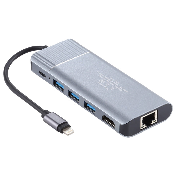 6 en 1 USB 2.0 x 3 + HDMI + RJ45 + puerto de carga hembra de 8 pines a adaptador de estación de acoplamiento multifunción macho de 8 pines
