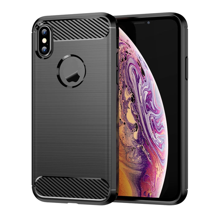 Para iPhone X / XS Funda protectora trasera a prueba de golpes con textura cepillada de fibra de carbono TPU