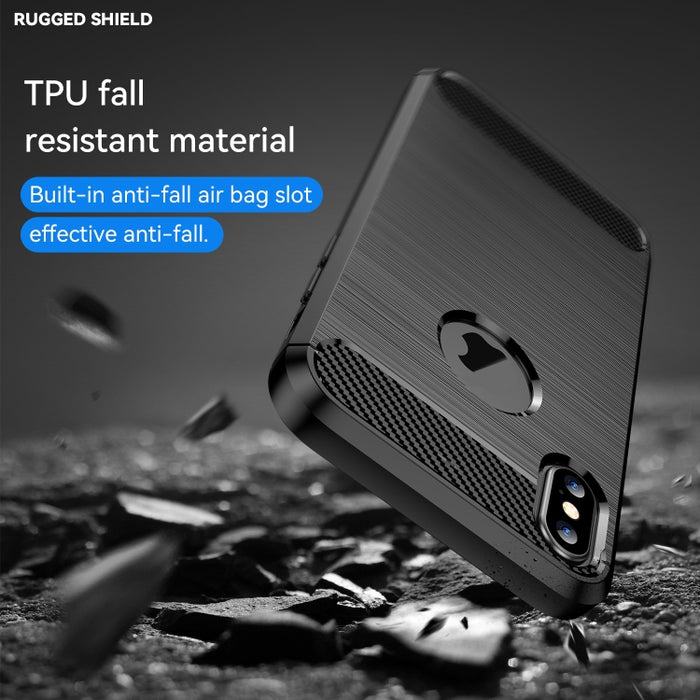 Para iPhone X / XS Funda protectora trasera a prueba de golpes con textura cepillada de fibra de carbono TPU
