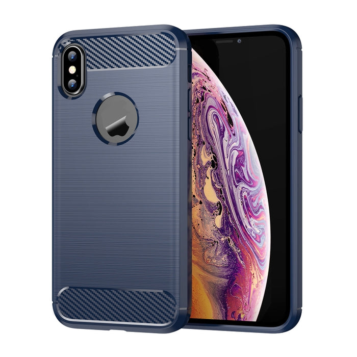 Para iPhone X / XS Funda protectora trasera a prueba de golpes con textura cepillada de fibra de carbono TPU