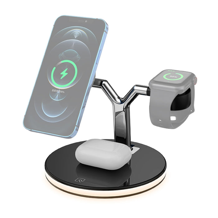 Cargador inalámbrico magnético multifunción 3 en 1 de 15 W para teléfonos móviles, relojes Apple y AirPods, con luz LED de colores