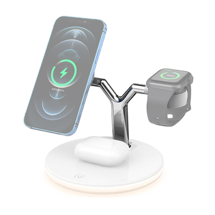 Cargador inalámbrico magnético multifunción 3 en 1 de 15 W para teléfonos móviles, relojes Apple y AirPods, con luz LED de colores