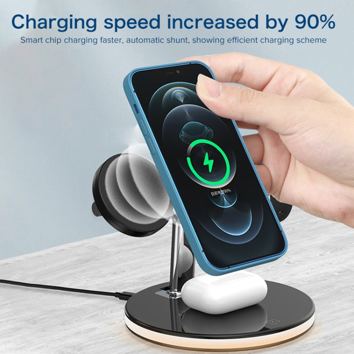 Cargador inalámbrico magnético multifunción 3 en 1 de 15 W para teléfonos móviles, relojes Apple y AirPods, con luz LED de colores