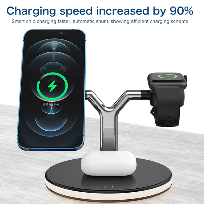 Cargador inalámbrico magnético multifunción 3 en 1 de 15 W para teléfonos móviles, relojes Apple y AirPods, con luz LED de colores