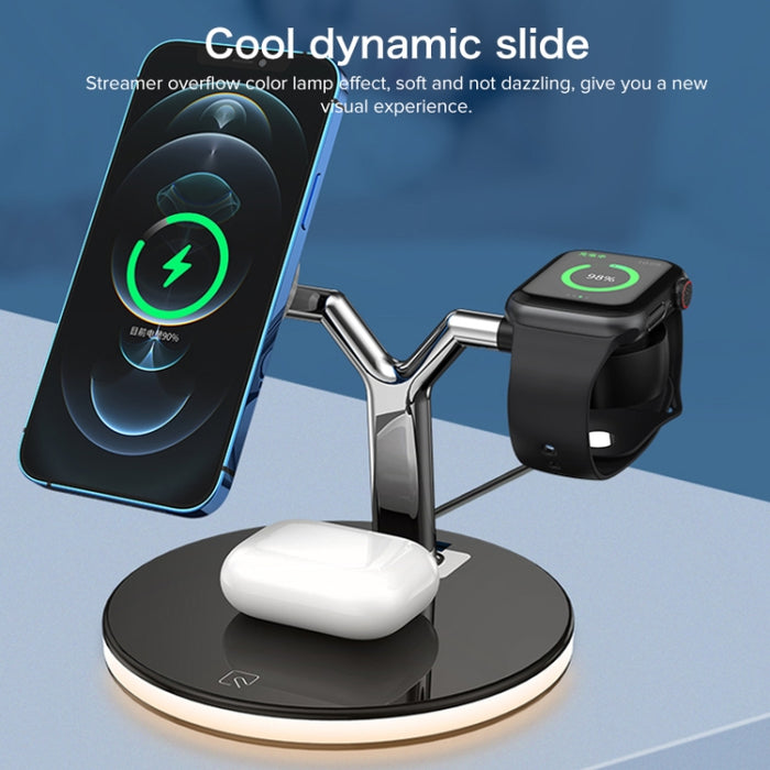 Cargador inalámbrico magnético multifunción 3 en 1 de 15 W para teléfonos móviles, relojes Apple y AirPods, con luz LED de colores