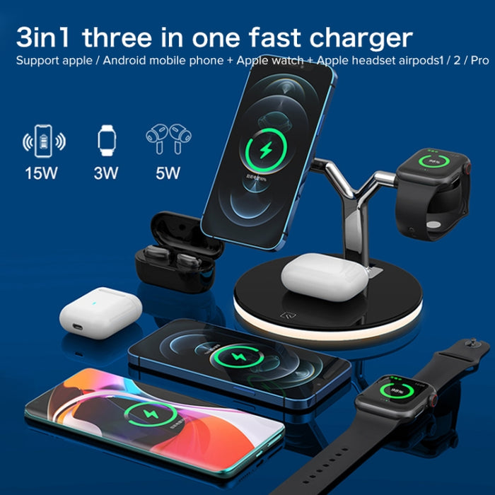 Cargador inalámbrico magnético multifunción 3 en 1 de 15 W para teléfonos móviles, relojes Apple y AirPods, con luz LED de colores