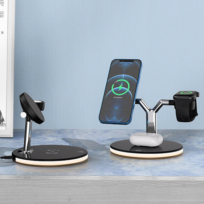 Cargador inalámbrico magnético multifunción 3 en 1 de 15 W para teléfonos móviles, relojes Apple y AirPods, con luz LED de colores