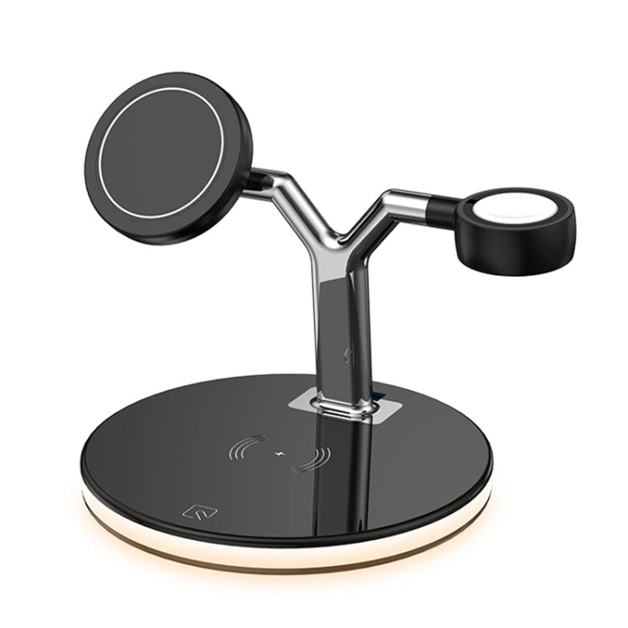 Cargador inalámbrico magnético multifunción 3 en 1 de 15 W para teléfonos móviles, relojes Apple y AirPods, con luz LED de colores