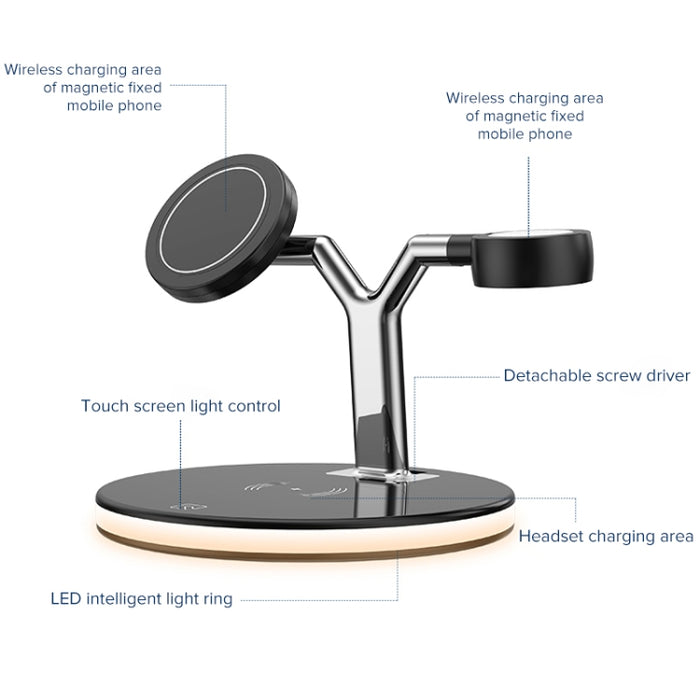 Cargador inalámbrico magnético multifunción 3 en 1 de 15 W para teléfonos móviles, relojes Apple y AirPods, con luz LED de colores