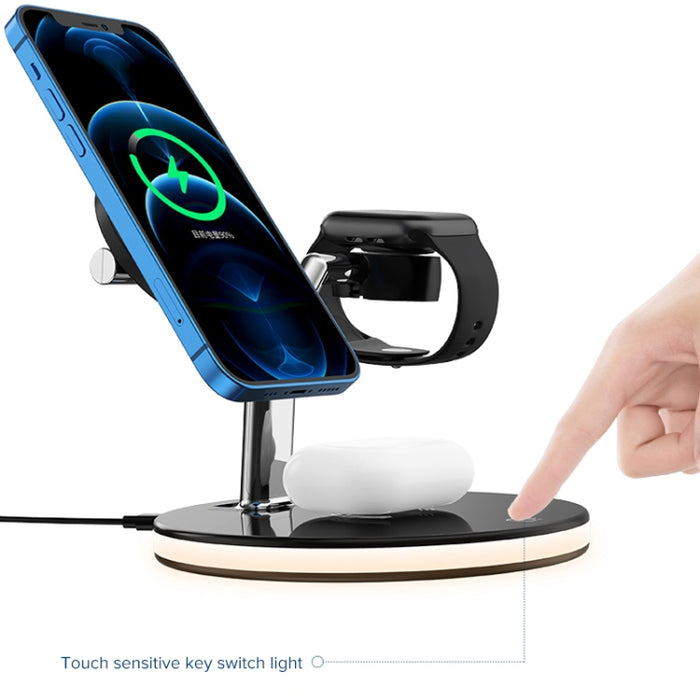 Cargador inalámbrico magnético multifunción 3 en 1 de 15 W para teléfonos móviles, relojes Apple y AirPods, con luz LED de colores
