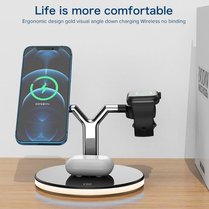 Cargador inalámbrico magnético multifunción 3 en 1 de 15 W para teléfonos móviles, relojes Apple y AirPods, con luz LED de colores