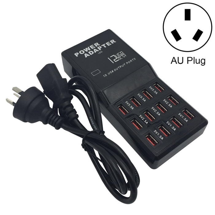 W-858 12A 12 puertos USB base de carga rápida cargador inteligente de escritorio AC100-240V, enchufe AU