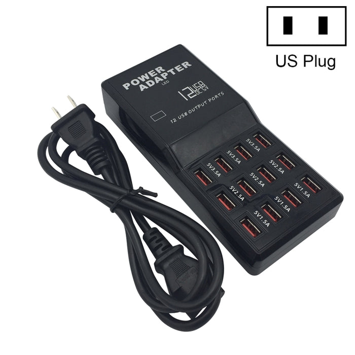 W-858 12A 12 puertos USB base de carga rápida cargador inteligente de escritorio AC100-240V, enchufe de EE. UU.