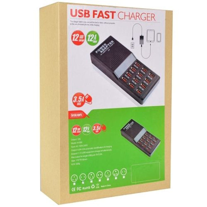 W-858 12A 12 puertos USB base de carga rápida cargador inteligente de escritorio AC100-240V, enchufe de EE. UU.